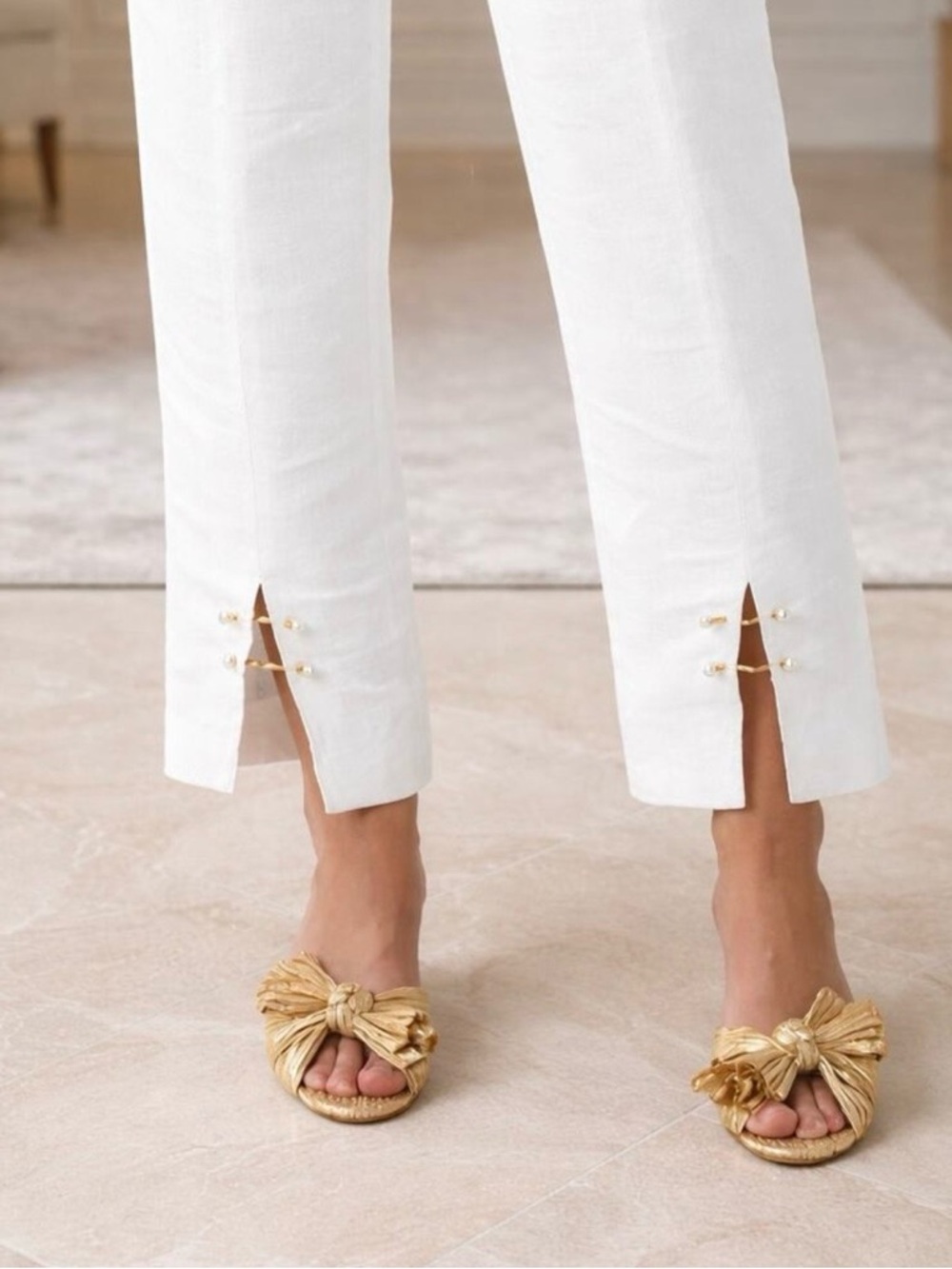 Aje White Cropped Pants with Pearl-Accent Ankle Slits